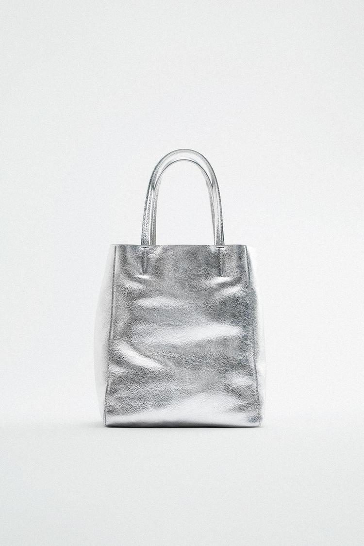 MIDI LEATHER TOTE BAG Silver ZARA United Kingdom